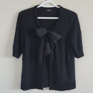 Planet Black Silk Bow-Tie Short Sleeve Knit Open Front Cardigan Top Sz M Career